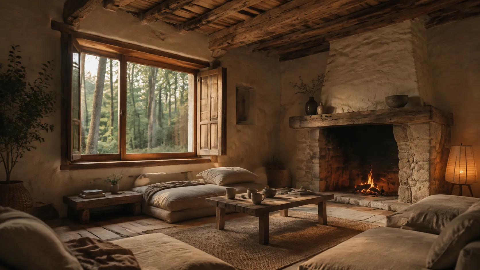 Interior cálido y sereno de la casa del retiro